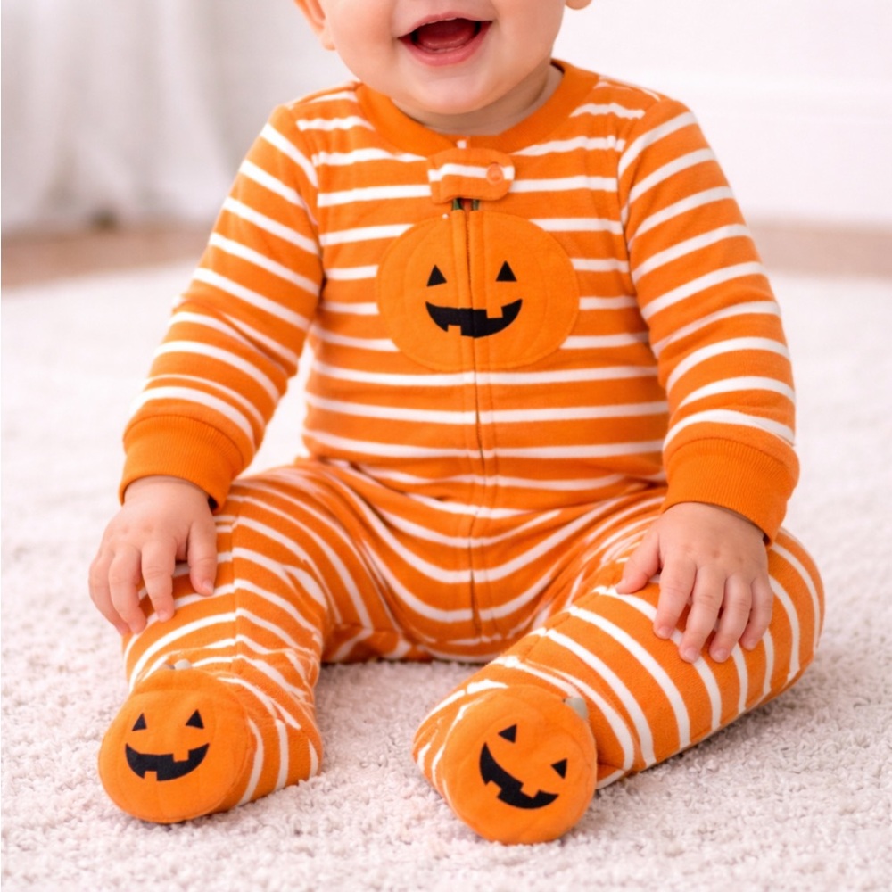 Carter’s Just One You orange fleece pumpkin stripe footie bodysuit size 6M